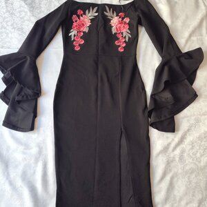 Streetwear Society Black Evening Dress Embroidered Roses Ruffle Sleeves Size S/P